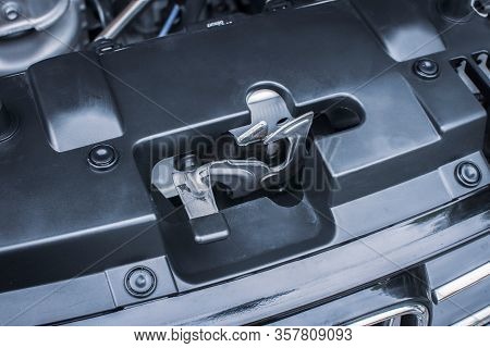 Car Bonnet Or Hood Latch Lock System In A Car,automotive Part Concept.