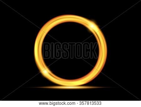 Vector Magic Gold Circle. Glowing Fire Ring Trace. Golden Swirl Trail Effect On Black Background. Br