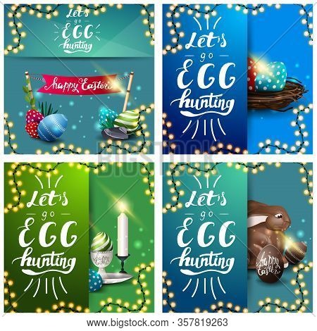 Let's Go Egg Hunting, Collection Squares Postcards With Easter Eggs, Chocolate Rabbit, Frame Of Garl