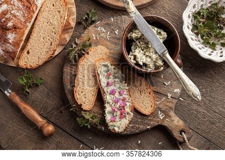 Herbal Butter Made From Young Nettles Collected In Spring, Slathered On A Slice Of Bread