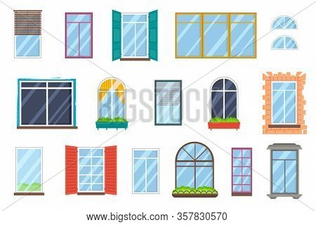 Set Of Realistic Glass Transparent Plastic Windows With Window Sills. Vector Collection Of Various T