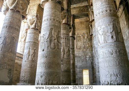 Beautiful Interior Of The Temple Of Dendera Or The Temple Of Hathor, Goddess Of Love. Egypt, Dendera