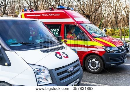 Romanian Smurd Ambulance Car, 911 Or 112 Emergency Medical Service In Mission In Downtown Bucharest,