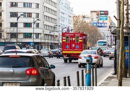 Romanian Smurd Ambulance Car, 911 Or 112 Emergency Medical Service In Mission In Downtown Bucharest,