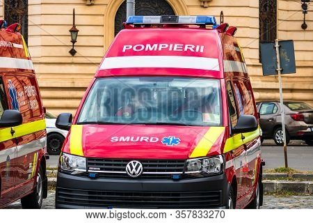 Romanian Smurd Ambulance Car, 911 Or 112 Emergency Medical Service In Mission In Downtown Bucharest,