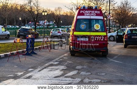 Romanian Smurd Ambulance Car, 911 Or 112 Emergency Medical Service In Mission In Downtown Bucharest,