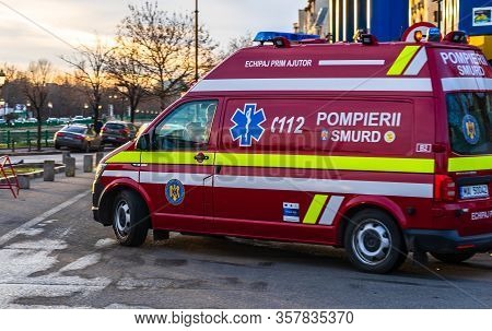 Romanian Smurd Ambulance Car, 911 Or 112 Emergency Medical Service In Mission In Downtown Bucharest,