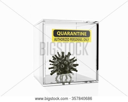 3D rendering of corona virus isolated in glass seclusion box with quarantine label