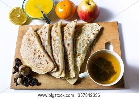 Tortillas With Fruits And Spices. Chapati For Dessert Is Very Tasty And Healthy