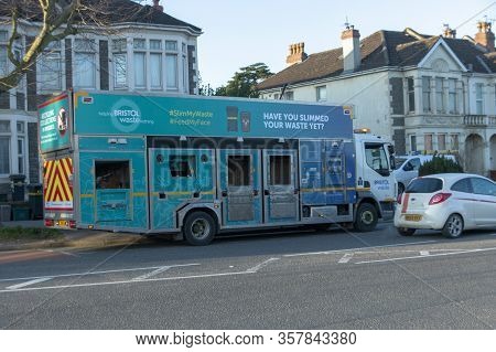 Bristol-march 2020-england-a Close Up View Of A Recycling Collections Truck Picking Up Its Weekly Lo