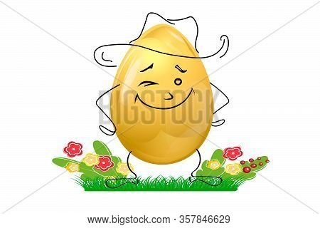Golden Easter Egg As The Character Cowboy In A Hat Winks, 3d Egg With Hand-drawn Elements On A Backg