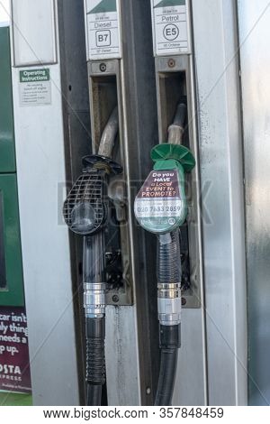Bristol-march 2020-england-a Close Up View Of The Two Petrol Pumps At The Pertol Station