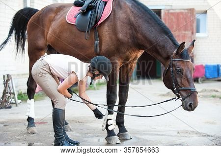 Young Teenage Girl Owner Unsaddling Bay Stallion After Sport Training. Colored Horizontal Outdoors I