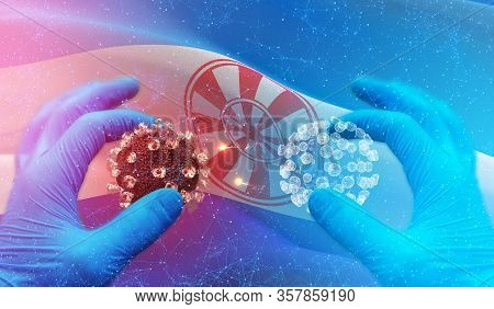 Covid-19 Concept, Virus Molecule In Specialist Hand, Infection In Russian Region, Flag Images Concep
