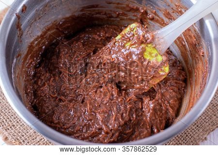 Chocolate Dough In A Metal Bowl. Chocolate Pie