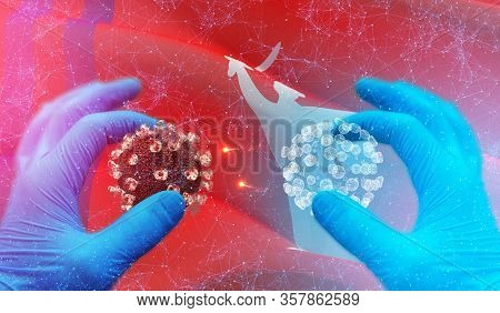 Covid-19 Concept, Virus Molecule In Specialist Hand, Infection In Russian Region, Flag Images Concep