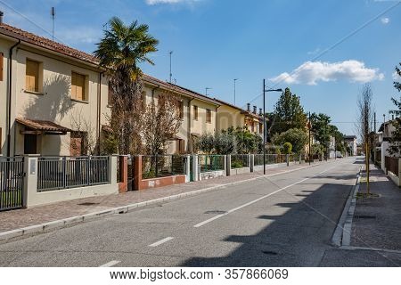 Manzano, Italy - 25.03.2020: Little Italian City During An Epidemic. Deserted Streets. No People. No