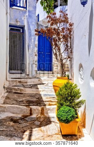 Greece- traditional narrow streets of  old village Chora in Amorgos island, Cyclades