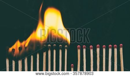 A lot of burnt matchsticks and one matchstick prevents following burning. Concept of stop spreading coronavirus and stay at home