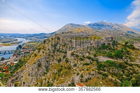 Panoramic Aerial View Of Historical Ruins Of The Rosafa Castle In Shkoder Albania.