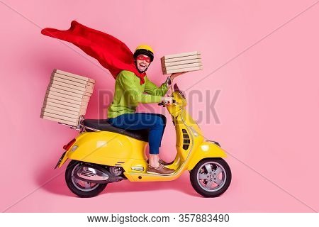 Profile Side View Of His He Nice Attractive Funky Cheerful Cheery Ecstatic Guy Driving Moped Fast Sp