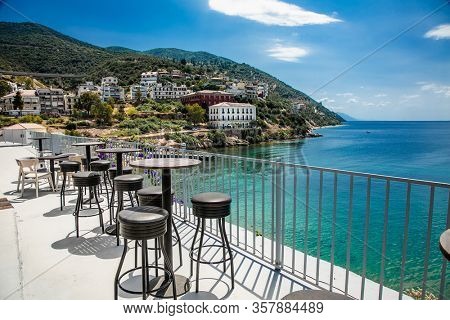 Panoramic balcony view on sea from Lutra Edipsou (Aidipsos), Evia island, Greece.