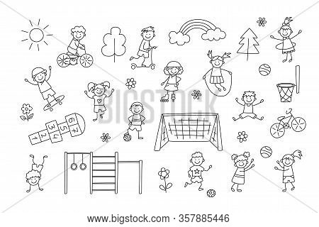 Active Sport Children. Funny Small Kids Play, Run And Jump. Set Of Elements In Childish Doodle Style