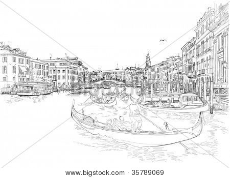 Venedik - Grand Canal. Rialto Köprüsü görünümünü. Vektör çizimi