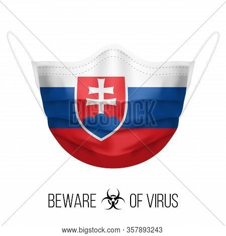 Medical Mask With National Flag Of Slovakia As Icon On White. Protective Mask Virus And Flu. Surgery
