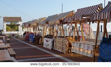 Alora, Spain - February 16, 2020: Market Stalls At Dawn In Alora Open Square Ready For Annual Cheese