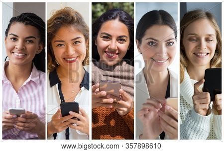 Happy Multiethnic Ladies Using Cellphone Portrait Set. Young Woman Of Different Races With Mobile Ph