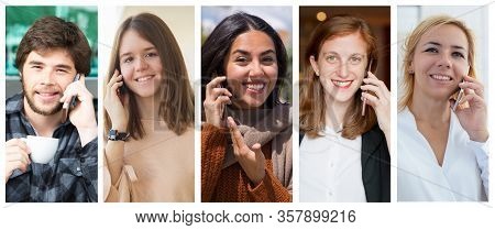 Joyful Happy People Talking On Cells Portrait Set. Young Men And Women With Mobile Phones Multiple S