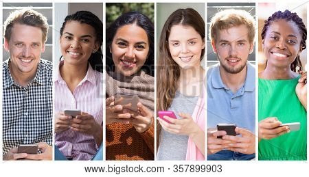 Positive Multiethnic Men And Women Using Cellphone Portrait Set. Young People Of Different Races Wit