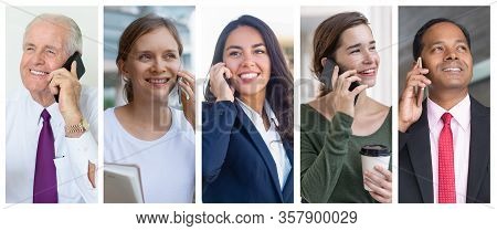 Happy Successful Businesspeople Talking On Cellphones Portrait Set. Men And Women Of Different Ages 