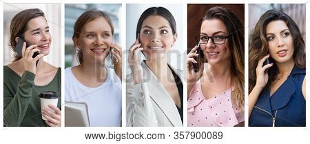 Positive Successful Businesswomen Talking On Cellphone Portrait Set. Beautiful Young Women With Mobi