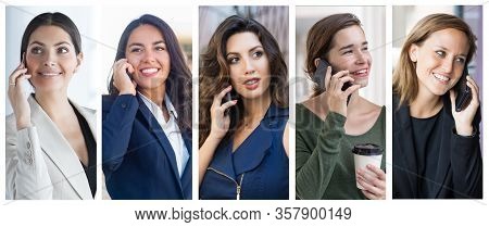 Pensive Cheerful Ladies Speaking On Cellphone Portrait Set. Beautiful Young Women With Mobile Phones