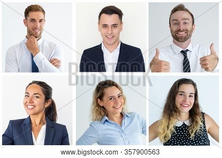 Positive Business People Portrait Set. Happy Young Men And Women In Office Clothes Smiling At Camera