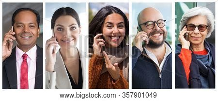 Happy Cheerful Men And Women Talking On Smartphone Portrait Set. People Of Different Races And Ages 