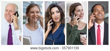 Cheerful Positive Businesspeople Talking On Cellphones Portrait Set. Men And Women Of Different Ages