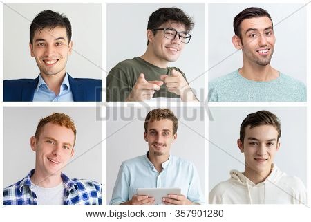 Happy Cheerful Student Guys Portrait Set. Handsome Young Men Smiling At Camera. Multiple Shot Collag