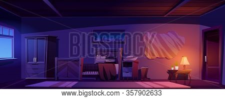 Cowboy Bedroom Interior At Night. Vector Cartoon Illustration Of Empty Room In Rustic House Or Ranch
