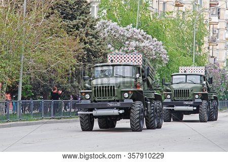Volgograd, Russia - May 04, 2019: Soviet Multiple Rocket Launchers Bm-21 On Dress Rehearsal Of The M