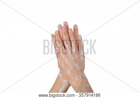 Female Soapy Hands. Hand Wash. Disinfection. Purity. Isolated On White Background
