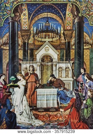 Parsifal In Montsalvat, The Castle Of The Holy Grail, Wall Painting By A. Spiess 1883. Neuschwanstei