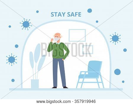 Old Man In Face Mask In Selfisolation From Coronavirus.