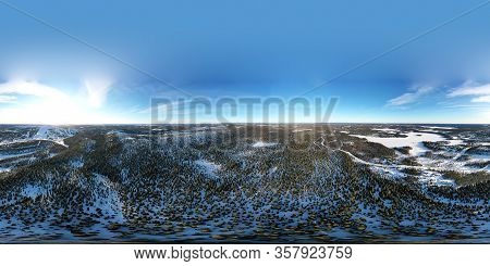 360° Panorama Of Winter Forest With Ski Slopes And  Mountains With Size 33 Mpx