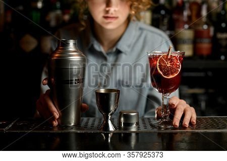 Shacker And Other Tools For Making Cocktail Stand On Bar Counter.