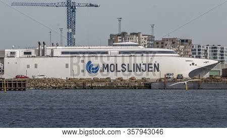Aarhus, Denmark - 24 March 2020:  The High-speed Ferry Express 3 Of The Shipping Company Molslinjen 