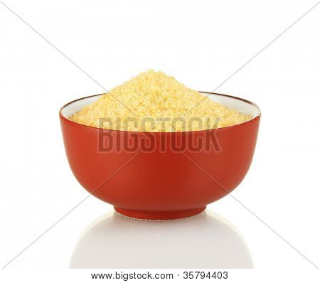 Crystals of gelatin in a bowl isolated on white close-up