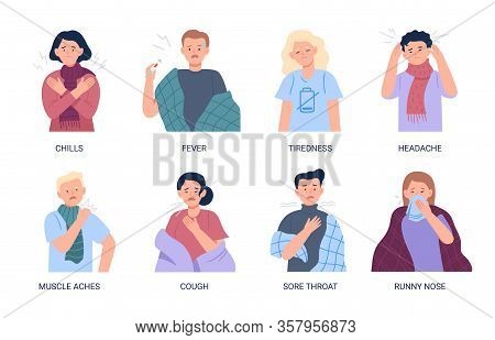 Vector Illustrations Of People Suffering From Symptoms Of The Common Cold And Flu. Symptoms: Chills,